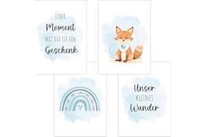 POLYMEDIA 4er Set Baby DIN A4 Bilder mit Fuchs, Regenbogen und Sprüchen, Poster mit Tiermotiv für Babyzimmer, 200g/m² Papier, Kinderzimmer Wanddeko, für Bilderrahmen, Dekoration für Jungen & Mädchen, Hellblau