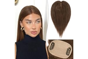 RUWISS Topper Cheveux Humain Femme Hair Topper Extensions de Cheveux Postiches pour Femmes Perruque Courte for Thinning Hair 7.5 * 13CM Silk Base 100% de Clip in Topper 25-35CM 25-33g(Marron Moyen)