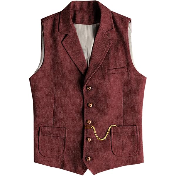 AeoTeokey Costume en daim pour homme - Gilet à double boutonnage - Gilet de cowboy classique en cuir synthétique - Grand revers, Bourgogne, L