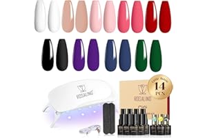 ROSALIND Kit Semipermanente Unghie con UV LED Lampada, 14 Pezzi 9 Coloris Nero Bianco Rosso Rosa Verde Viola Smalto Semipermanente Unghie, Kit di Partenza Soak Off Nail Art Manicure