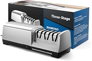 MusyVocay Electric Knife Sharpener with 100% Diamond, Professional 3-Stage 20 Degree Kitchen Knife Sharpener with Precision Angle Guide for Rough Sharpening, Repair (Silver)