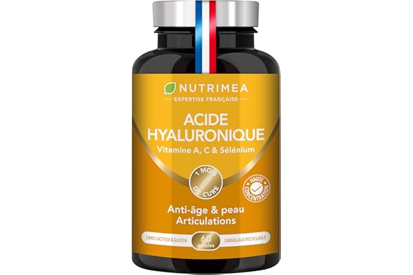 ACIDE HYALURONIQUE - Avec Collagène Marin - 100% Pur - Riche en Vitamines A & C - Anti Rides, Anti Age & Articulations - Agit en Profondeur - 60 Gélules Vegan - Nutrimea - Fabriqué en France