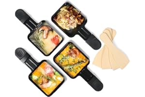 FUNSONJOY Raclette Pfännchen Mini 4 Stücke Antihaftbeschichtet Grill Pfännchen Grillpfännchen Viereckig Mini Raclette Grill mit 4 Holzschaufel für Universal Elektrogrill Käse Eier