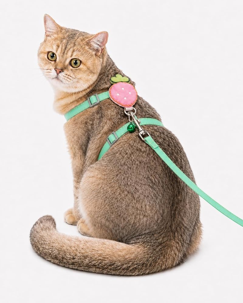getmeev Çilek Figürlü Zilli Kedi Göğüs Tasması ve Gezdirme Kayışı Seti, Ayarlanabilir Göğüs Tasması ve Gezdirme İpi, Günlük Gezi ve Yürüyüş İçin (Yeşil)