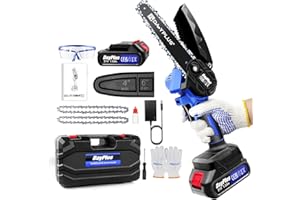 HUINI Mini Chainsaw Cordless 6 Inch with Large LI-ion Battery, Powerful Electric Chainsaw with 2 Chains and Security Lock,Handheld Small Chain Saw for Wood Cutting Tree Trimming Gardening,Blue