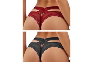 ohmydear String Sexy Tanga Femme Sexy Chic Dentelle String Culottes Slips Femmes Croisées Creux Out Entrejambe en Coton XS-4XL Transparent Panties Strings et Tangas sous-Vêtements Culottes