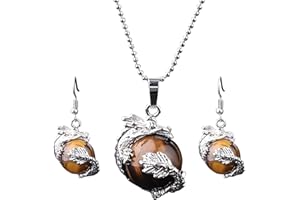 HELENA ROSE JEWELLERY Helena Rose Earring & Necklace Jewellery Set for Women - Silver Totem Gothic Style Dragon Wrap Design - Natural Tigers Eye Stone Pendant Ball Charm - Plus Gift Box