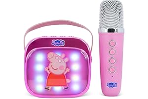 OTL TECHNOLOGIES Peppa Pig Mini LED Wireless Karaoke Speaker with Bluetooth Microphone, Pink, Colour-Changing Lights