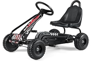 COSTWAY Gokart mit verstellbarem Sitz, Go Kart mit Handbremse, Tretauto bis 30 kg belastbar, Pedal Go Cart, Tretfahrzeug, Pedalfahrzeug, Kinderfahrzeug für Kinder ab 3 Jahren (Schwarz)