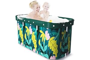Adoture Portable Bathtub, Foldable Soaking Bath Tub for Adults, Freestanding Bathtub with Cushion and Backrest for Shower Stall, Ideal for Hot Water Bath Ice Water Bath, Green Leaf