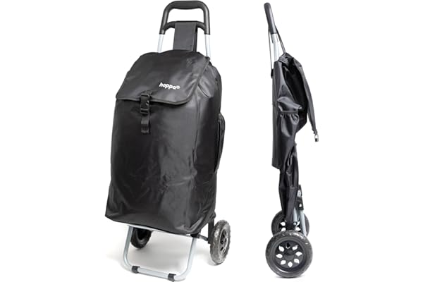 Hoppa 47L Chariot à roulettes léger à 2 Roues - Chariot de Courses Pliable et résistant - Poussette de marché imperméable de qualité supérieure - Sac de Chariot de Courses avec Poche - Noir