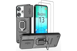 DERHAN Hülle für Xiaomi Redmi 13 4G / Poco M6 4G, Panzerhülle mit Schutzfilm [2 Stück] + Slide Camera [Kameraschutz], Schutzhülle Stoßfest Handyhülle mit Ring Ständer - Schwarz