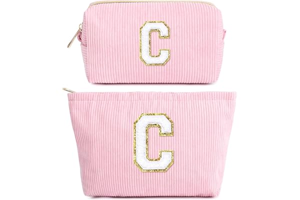 2 PCS Trousse Maquillage Femme, Pochette Maquillage avec Initiale, Sac de Maquillage de Voyage Velours Côtelé Trousse de Toilette Cosmétique Cadeau d'anniversaire Noël Idéal pour Maman Fille, Rose C
