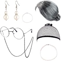 Oma-Kostüm-Set (6-teilig) – Perücke, Brille, Perlenkette & Zubehör Für Cosplay, Karneval & Halloween (ab 14 Jahre)