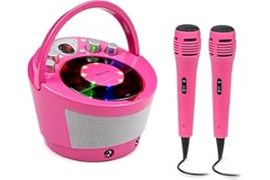 auna SingSing BT - Impianto Karaoke Portatile, Lettore CD con Display LED ed Effetti Luminosi, Bluetooth, Effetto Eco, Alimentazione a Batteria, 2 Microfoni Dinamici, Rosa