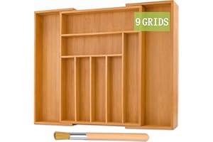 TWBEST Caja de cubiertos de bambú,Organizador de Cubiertos de Madera+1 cepillo de limpieza,Bandeja para cubiertos con 7 a 9 Compartimentos,Cubertero,32-52 * 41 * 5cm