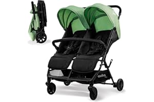 Silla de Paseo Gemelar DOUBLE HENRY - Reclinable y Plegable, para Gemelos o Hermanos desde Nacimiento hasta 15 kg, Capota UV, Freno y Cesta – Verde Asalvo
