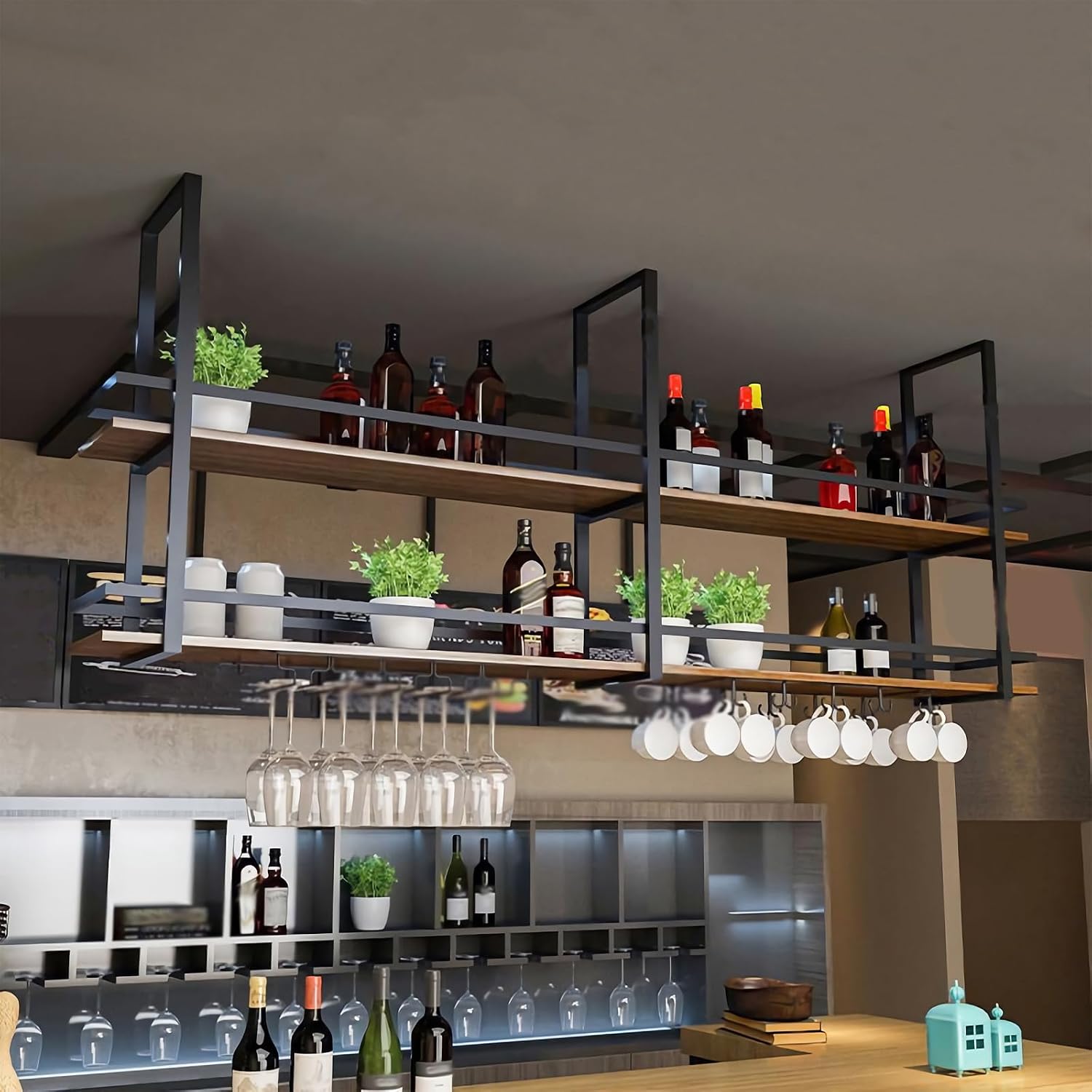 Botellero Colgante Techo, Soporte para copas de vino Colgante, 2 Niveles Soporte para Botellas de Metal de Gran Capacidad, Estante Multi Funcional para Vino para Bar Comedor Cocina 100×30×80cm