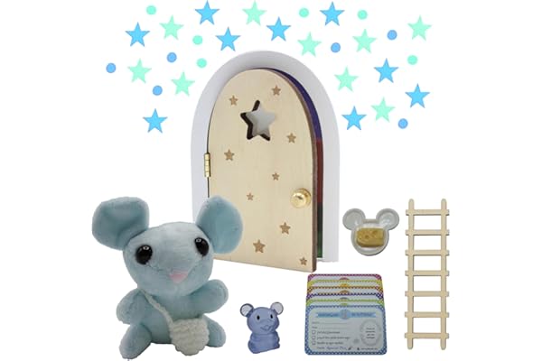 Qué Kawaii® Peluche ratoncito Pérez (10 cm) con puerta que BRILLA Y SE ABRE!!, escalera y bandolera de crochet (Hecha a Mano) que BRILLA en la oscuridad. Plato, queso y raton resina(Natural)