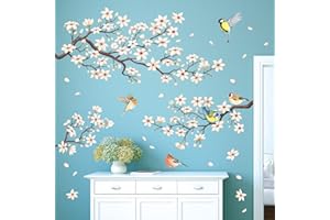 DECOWALL SG2-2304 White Cherry Blossom Branch Wall Stickers Flower Birds Wall Decals Bedroom Living Room TV DIY Wall Home Décor