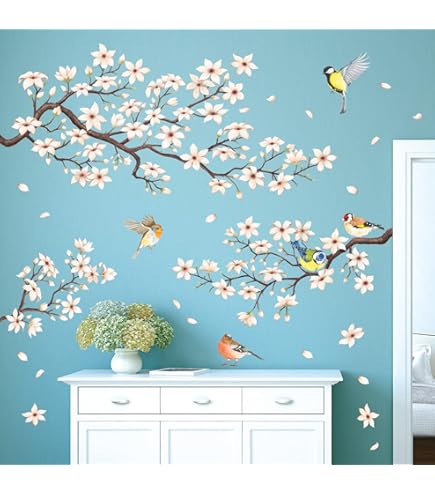 Adesivi Murali Decalmile - Ramo Con Fiori Blu E Uccelli, 2 Fogli 30x90cm - Foto 7