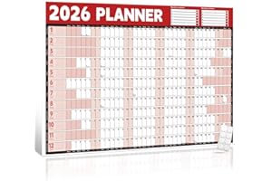 PRINTARA 2026 Wall Planner Calendar A1 (84.1x59.4cm) – Large Laminated Year Planner with Stickers, for Office Home School Academic & Business Planning, Red/White, Weekend Highlight