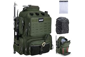 Goture Angelrucksack, Angelzubehör-Rucksack mit Zwei Rutenhaltern und Regenschutz, Wasserabweisende Angelgerätetasche mit verstellbarem Fach und 8 Ködertaschen, 45-Liter-Angelgeräte-Rucksack