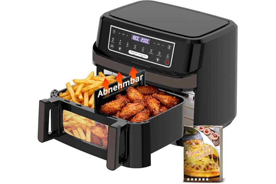 Air Fryer 12L XXL with Dual Zone Technology 2-in-1, Air Fryer 2600W with Visual Window & Interior Light, Smart Finish & Match Cook, 8 Programs, Divider & Recipe Book Included, Black