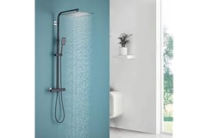 Auralum Colonna Doccia con Miscelatore Termostatico Nera, Colonna Doccia Acciaio Inox Altezza Regolabile 96-130CM, Miscelatore Doccia con 30x30CM Soffione Doccia