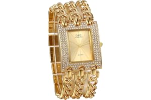 JewelryWe Damen Uhren Elegant Analog Quarz Armbanduhr Strass Rechteckig Beiläufige Uhr mit dreifach Panzerkette Armband