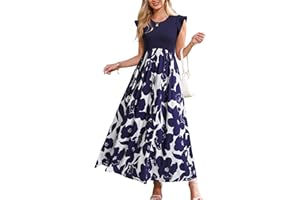 OUGES Sommerkleid Damen Lang Rüschen Maxikleid Elegant Sommer Kleid mit Taschen