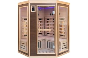 Dewello® Infrarotsauna Infrarotkabine Montreal 140x140 2-4 Person inkl. Vollspektrumstrahler, Bodenstrahler, LED-Farblicht aus Hemlock Tannenholz & Walnuss-Holz, Bluetooth, FM,MP3,USB