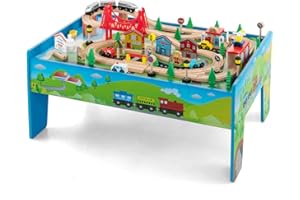 GOPLUS Table Circuit de Train Enfant, Rail de Train Bois 80 Pcs avec Rails, Jouet d'Activités pour Garçons et Filles 3 Ans+, Acessoire Complets Vert