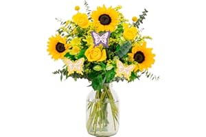 InterBloom | The Sunshine - Next Day Luxurious Fresh Flower Butterfly Bouquet with Sunflowers, Roses, Alstroemerias, Craspedia, Solidago and Eucalyptus