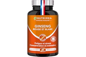 LABORATOIRES NUTRIMEA GINSENG - Rouge et Blanc - Extrait Titré 5:1- Dosé à 20% en Ginsénosides - Réduction de la Fatigue - Aide à la Concentration - 60 Gélules - Nutrimea - Fabriqué en France