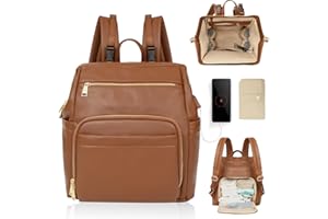 MISS FONG Changing Bag Backpack, Nappy Baby Changing Bags Waterproof Large Capacity Baby Travel for Mom & Dad with 6 Insulated Pockets,USB Port, Pram Clips and Changing Mat- Brown