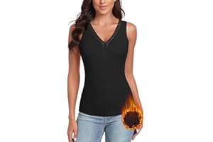 WOWENY débardeur Femme avec Dentelle Thermique sans Manches Hiver Chemise Thermique col en v Chaud Gilet Maillot de U14caraco,