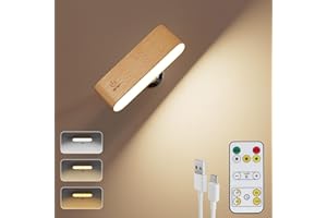 Electight LED Wooden Wall Lamp with Remote, Indoor Sconce Wall Light 360° Rotatable Magnetic, 3 Color Dimmable, Touch Control, Type-C Rechargeable Battery, for Bedroom, Reading