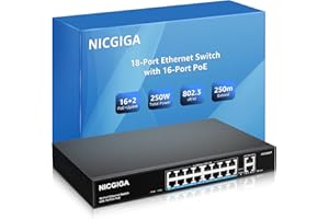 NICGIGA 16 Port PoE Switch@250W with 2 Gigabit Uplink Port, 18 Port Ethernet PoE Switch, VLAN Mode, Extend to 250m, Sturdy Metal Case, 19 Inch RackMount, Plug and Play, Unmanaged