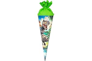 goldbuch 93 157 Geschwistertüte Vulkan, Schultüte mit Dinosaurier-Motiv, Lackkarton, Geschenkverpackung mit grünem Filzverschluss (ohne Verschlussband), Zuckertüte rund, Länge 35 cm, Ø 11,5 cm, Bunt