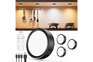 VLOEE USB Aufladbar LED Spot Akku mit Fernbedienung, Schwarz 2400mAh Unterbauleuchte Küche LED Rund Magnetische Vitrinenbeleuchtung Kabellos Schranklicht Regal Beleuchtung Schrank Touch Lampe zum Kleben