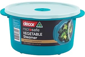Décor Microsafe Vegetable Steamer designed for quick microwave heating and cooking. Steam meat, fish and vegetables in minutes Dishwasher & Freezer Safe BPA Free 1.5L Capacity - Teal