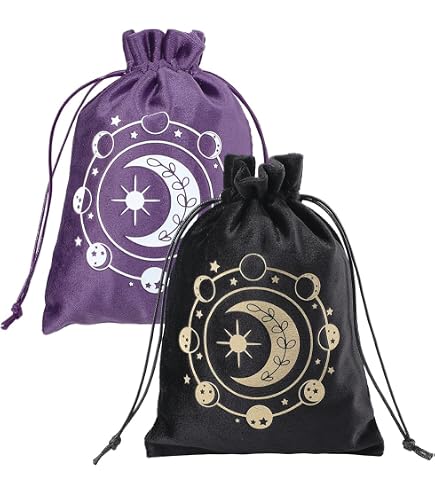 CREATCABIN Lot De 4 Sacs Rangement Tarot Velours Noir – Pochettes Cadeau Pentagramme, Phase Lune, Étoile Pour Cartes, Dés Et Cristaux