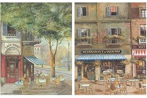 DCINE Cuadros de Madera fachadas café Paris/Placas de Madera. Set de 2 Cuadros de 19 cm x 25 cm x 4 mm unid. Adhesivo FÁCIL COLGADO. Adorno Decorativo. Decoración Pared hogar/Cocina/Restaurante/cafetería
