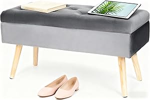 ‎HAWTHYHOME Hawthyhome Sitzbank mit Stauraum 80 × 35 × 43 cm, Sitztruhe mit Aufbewahrungsbox Truhenbank Samt Polsterbank mit Holzbeine für Flur Wohnzimmer Schlafzimmer Deep Grey