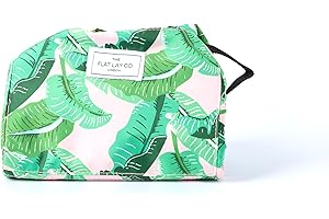 THE FLAT LAY CO. Flat Lay Makeup Bag with Compartments - Full-Size Magic Cosmetic Pouch Bag Drawstring with Brush Holder & Zipper Pocket for Small Items & Toiletries - Pink Tropical Travel Accessories for Women