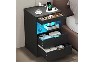 Yusong LED Nightstand Bedside Table with Charging Station 2 Drawers, Black Modern Sofa Couch End Side Table with Lights, Invisible Lock and Pull-Out Shelf for Bedroom Living Room