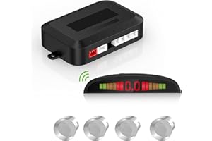 COCAR Sensore di parcheggio senza fili, sistema radar di retromarcia con 4 sensori di backup per auto, display a distanza LED senza fili con allarme acustico + 4 sensori di parcheggio di colore argento per