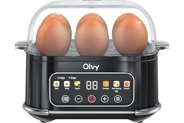 Cuiseur œuf électrique Olvy 6-en-1 avec minuteur LCD – cuit œuf coque, bouilloire et cuiseur vapeur – arrêt automatique, pièces lavables au lave-vaisselle – cuiseur à œufs pratique et rapide