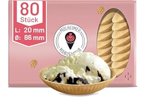 ‎MÜLHEIMER MANUFAKTUR MyNaschbar Waffel Schale 80 Stück, 20 mm lang, Ø 86 mm, VEGAN – Wiener Eisbrötchen – Essbarer Waffelbecher perfekt für Eis, Softeis oder als Saucenbecher – Eiswaffeln in Eisdielen-Qualität